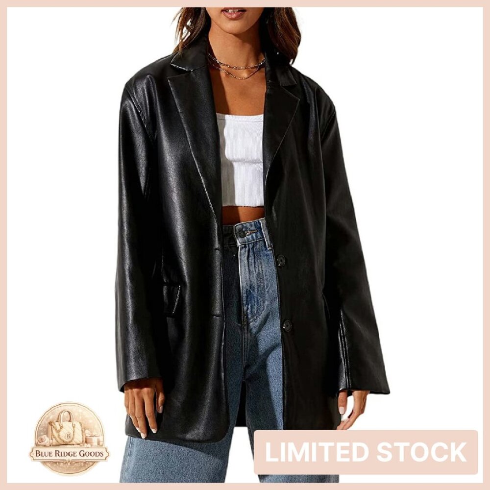 Oversized Faux Leather Blazer Vintage Streetwear Button Down Lapel Coat